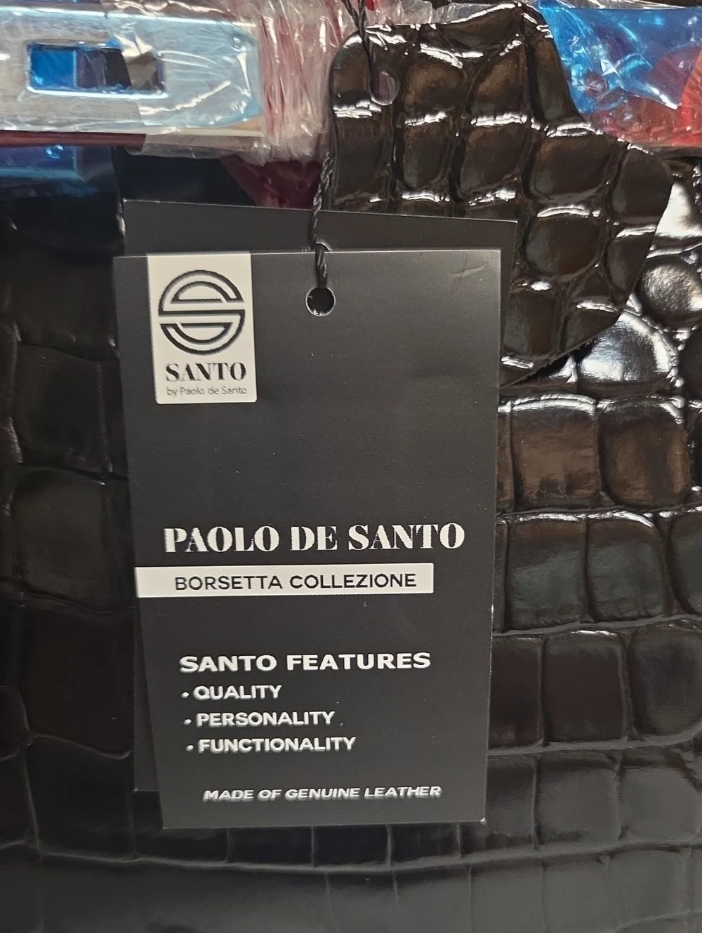 Santo By Paolo De Santo Black Croc-Embossed Tote with Red Trim